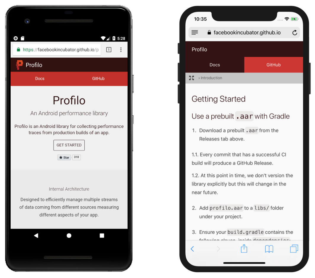 Mobile screenshots of the front page and sample doc page. La mise en page est automatiquement ajustée pour qu'elle paraisse plus naturelle. The doc sidebar is hidden behind a button.